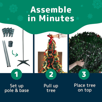 PREXTEX 6 ft Fully Decorated Christmas Tree, Gold and Red Collapsible Christmas Tree with 350 Warm Lights, Bows, Ornaments, Holly Leaves and More, Pop Up Xmas Trees with Lights