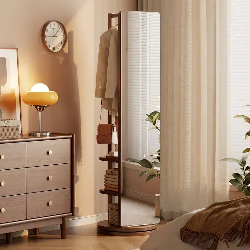 D✨ Miroir sur Pied en Bois Massif – Pivotant avec Porte-Manteau ! 🪞