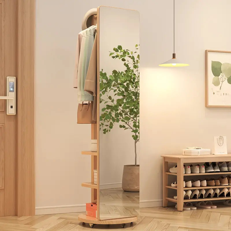 D✨ Miroir sur Pied en Bois Massif – Pivotant avec Porte-Manteau ! 🪞