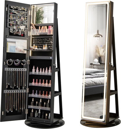 Armoire à bijoux avec miroir pleine longueur et lumières LED réglables