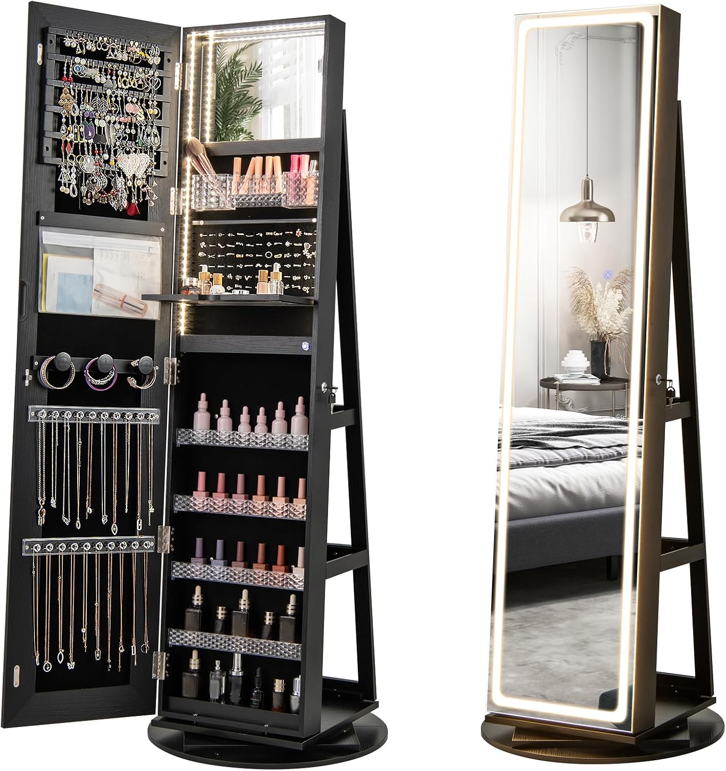 Armoire à bijoux avec miroir pleine longueur et lumières LED réglables