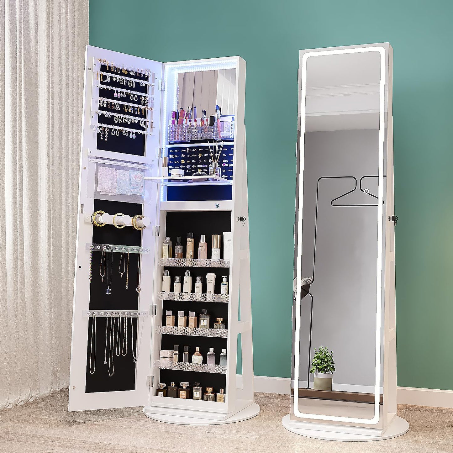 Armoire à bijoux avec miroir pleine longueur et lumières LED réglables