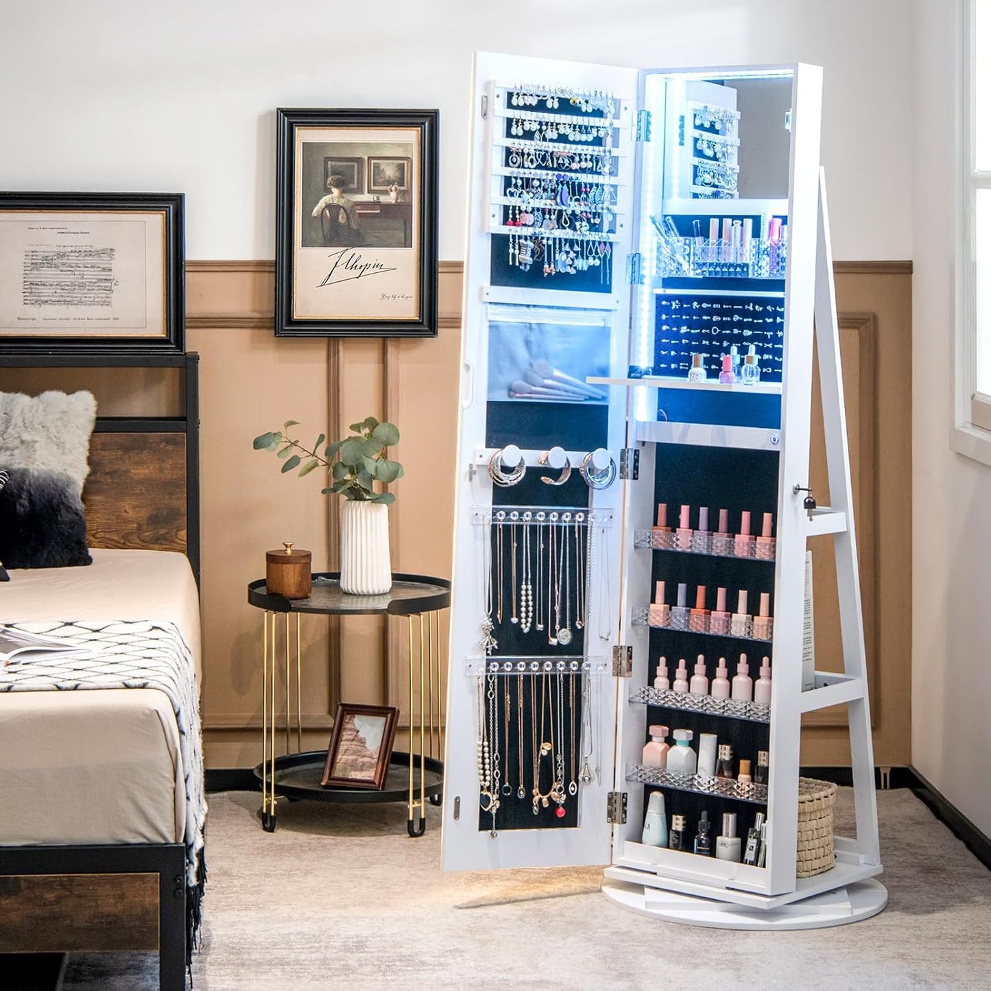 R Armoire à bijoux avec miroir pleine longueur et lumières LED réglables