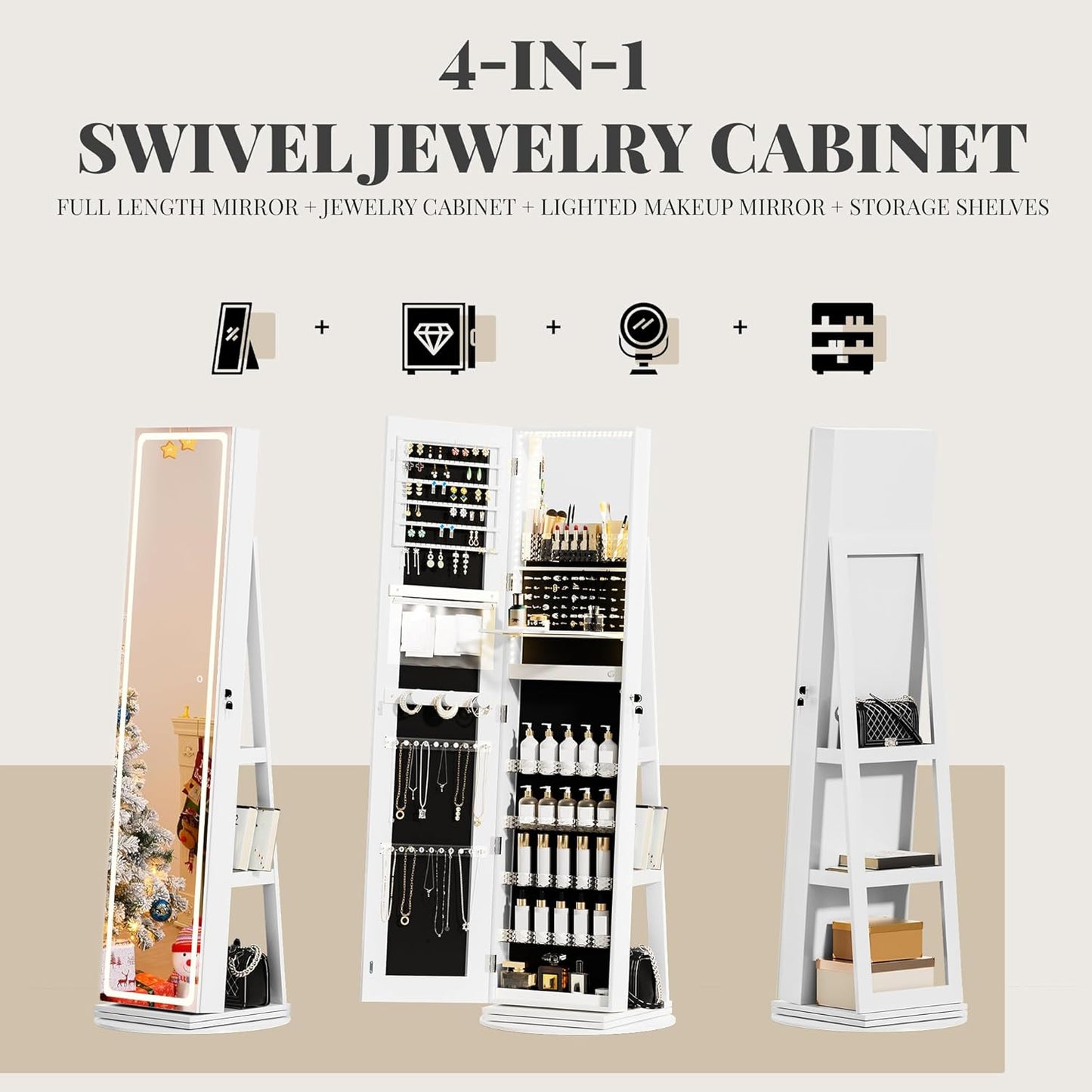 R Armoire à bijoux avec miroir pleine longueur et lumières LED réglables