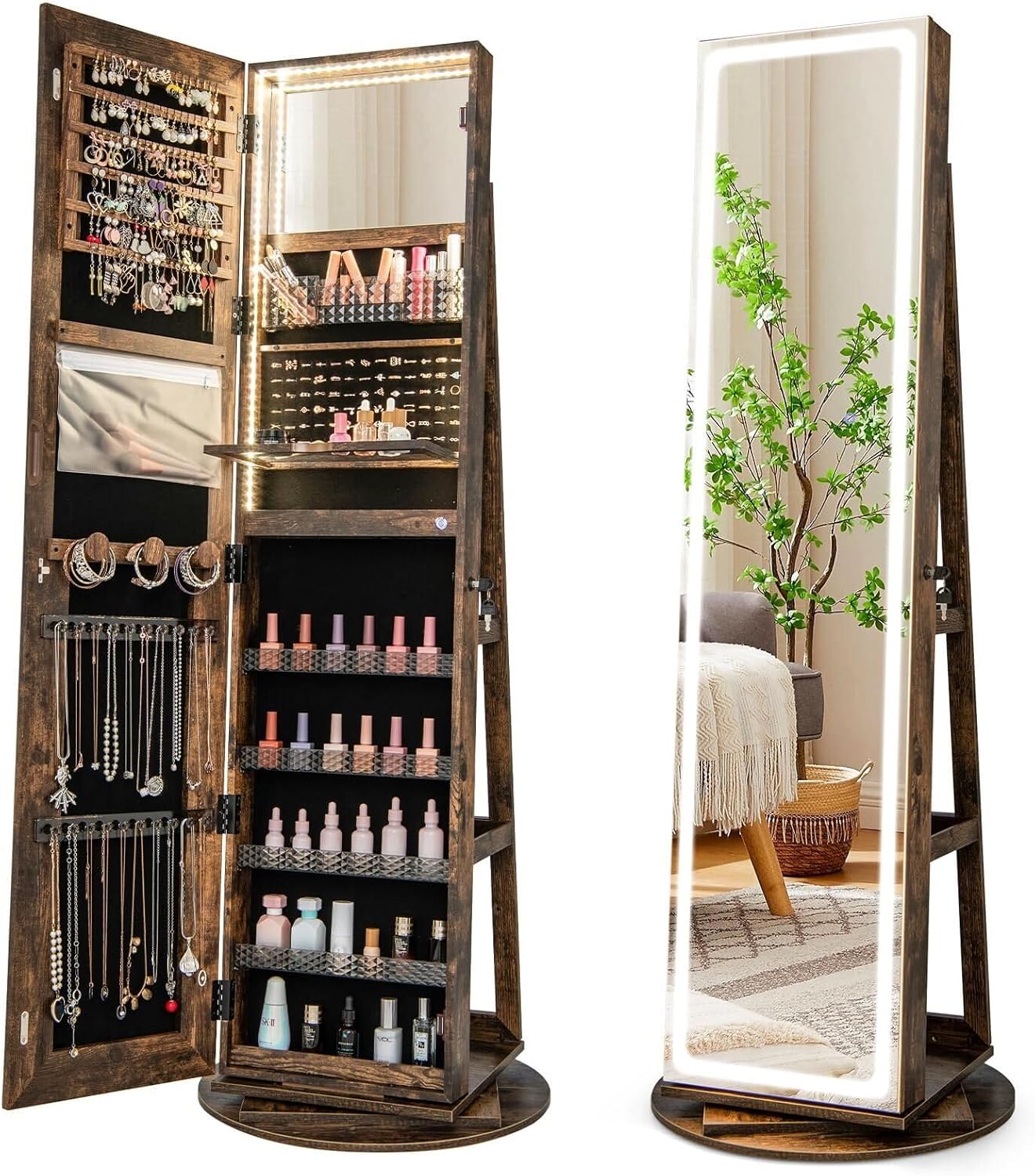 Armoire à bijoux avec miroir pleine longueur et lumières LED réglables