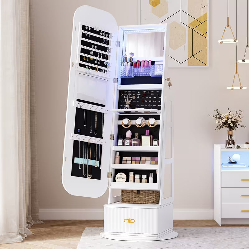 D Armoire à bijoux 360° Vintage avec Miroir et Lumières LED