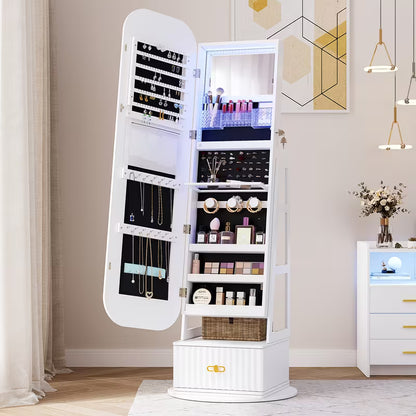 D Armoire à bijoux 360° Vintage avec Miroir et Lumières LED