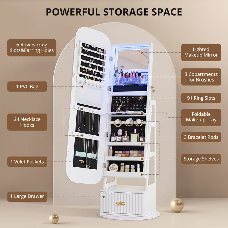 D Armoire à bijoux 360° Vintage avec Miroir et Lumières LED