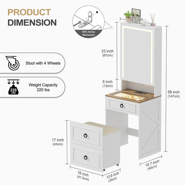 Coiffeuse 3-en-1 avec miroir LED et tabouret de rangement