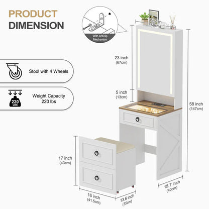 Une coiffeuse 3 en 1 avec miroir LED et tabouret de rangement