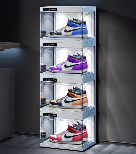 BROVIEW Smart Shoe Display Box with Led Lights Auto-Opening Shoe Organizer Sneaker Case, 4 Pack